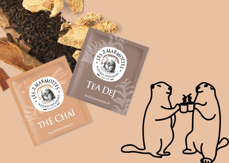 Sachets de thé noir Les 2 Marmottes : thés biologiques chai et tea dej